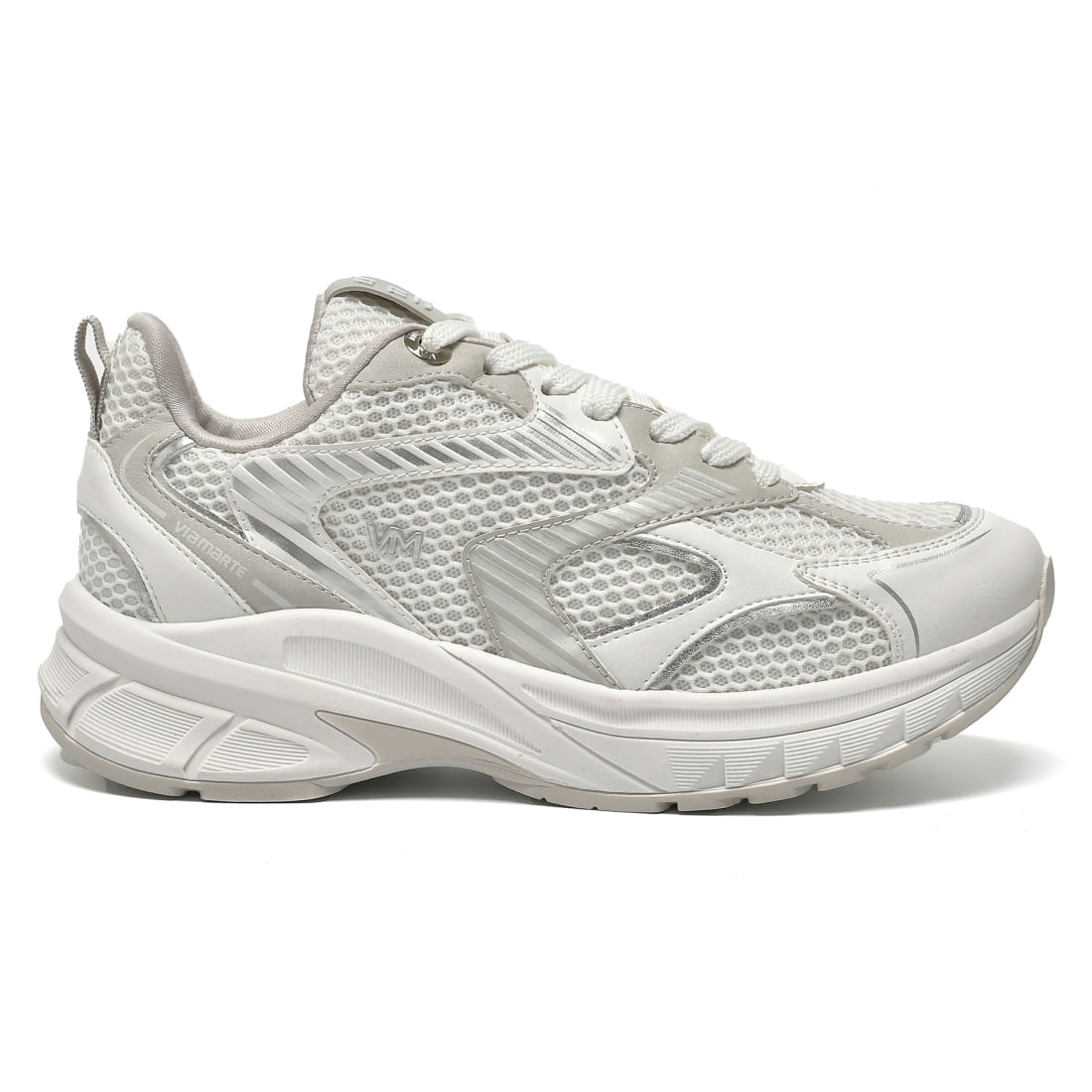 Tênis casual feminino Via Marte branco com detalhes em cinza, vista lateral para seção why buy